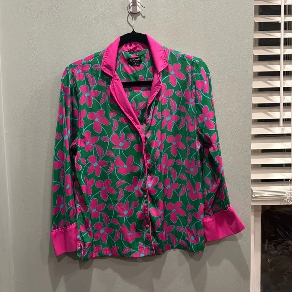 Kate Spade‎ Floral Vines Satin Notch Collar Long PJ Top Size Small